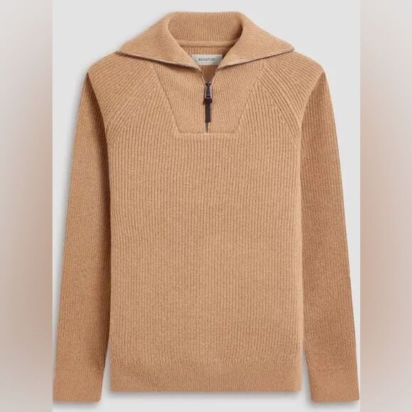 BUGATCHI Fisherman Rib-Stitch Quarter-Zip‎ Wool Blend Sweater, Camel, Large NWT - Picture 1 of 6
